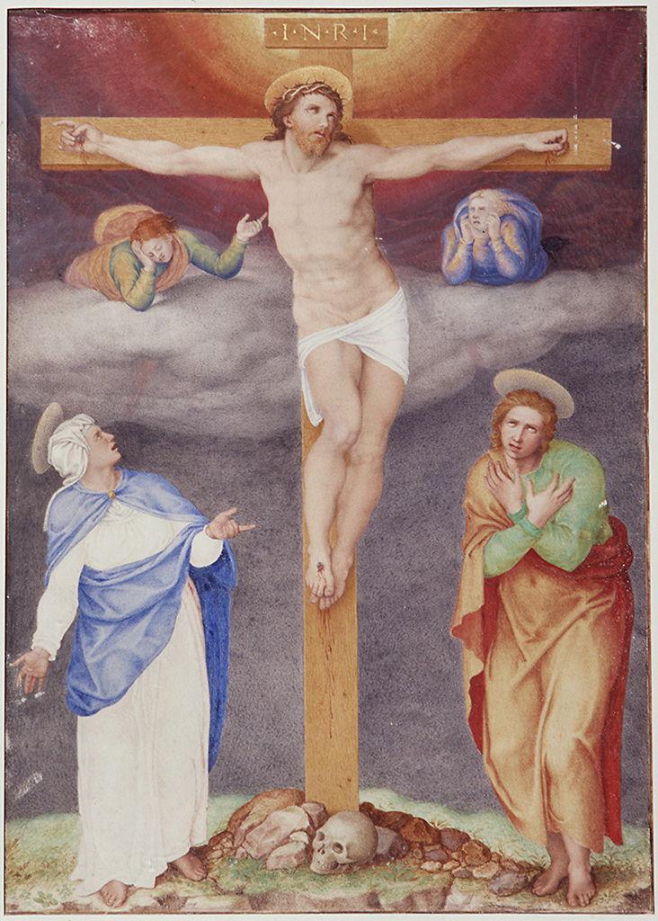 crocifissione di Cristo con la Madonna e San Giovanni Evangelista (miniatura) di Froeschel Daniel (sec. XVII)