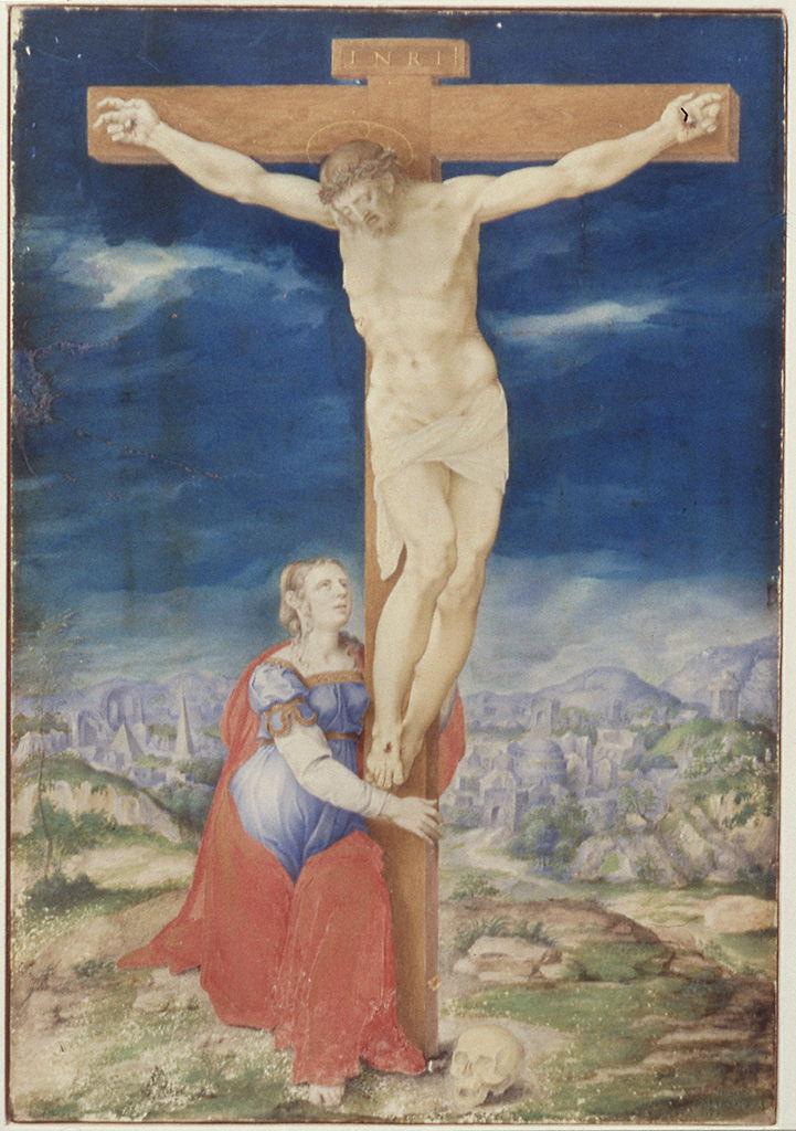 crocifissione di Cristo con Santa Maria Maddalena (miniatura) di Clovio Giorgio Giulio (sec. XVI)