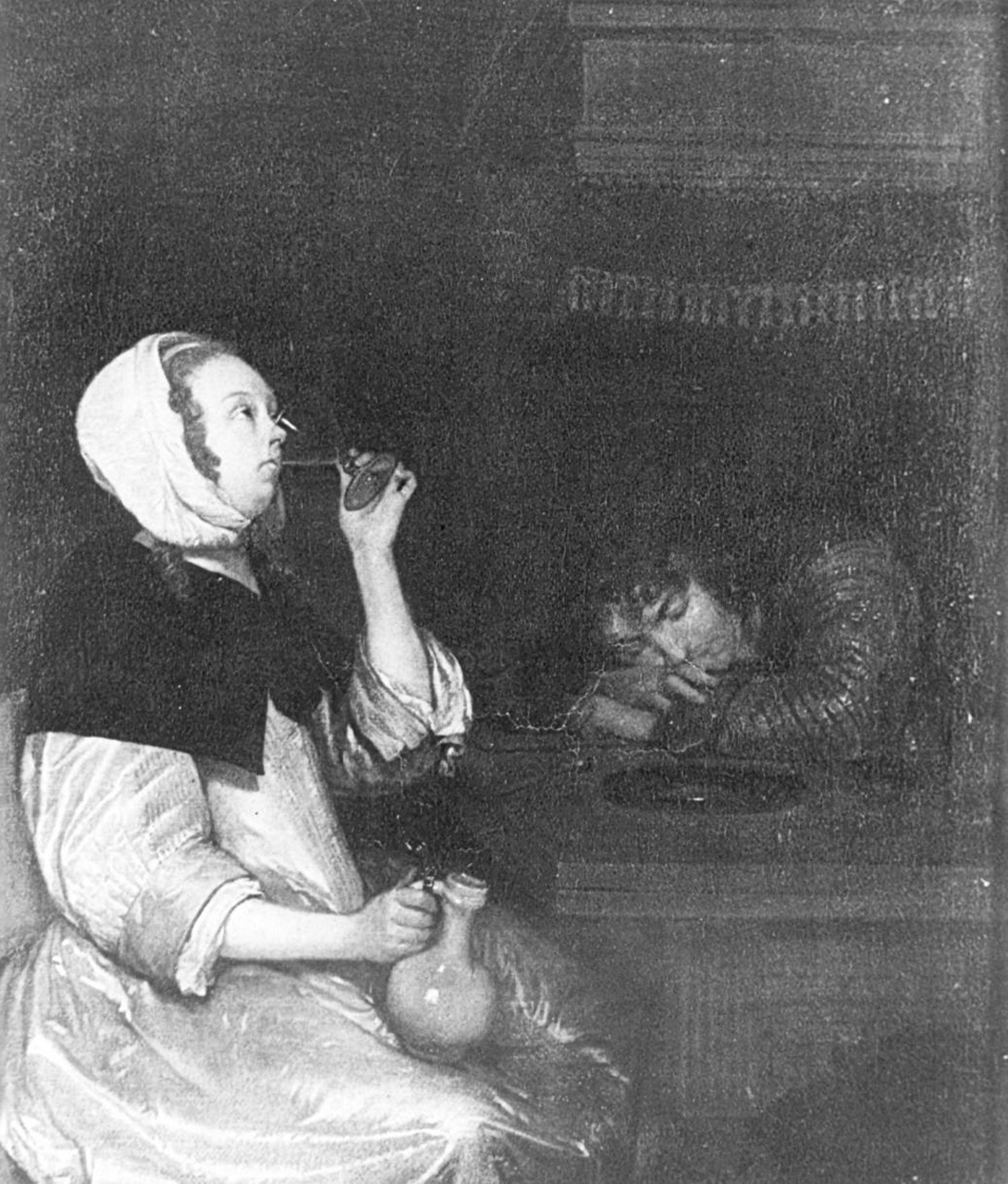 interno con donna che beve e uomo addormentato (dipinto) di Terborch Gerard (sec. XVII)