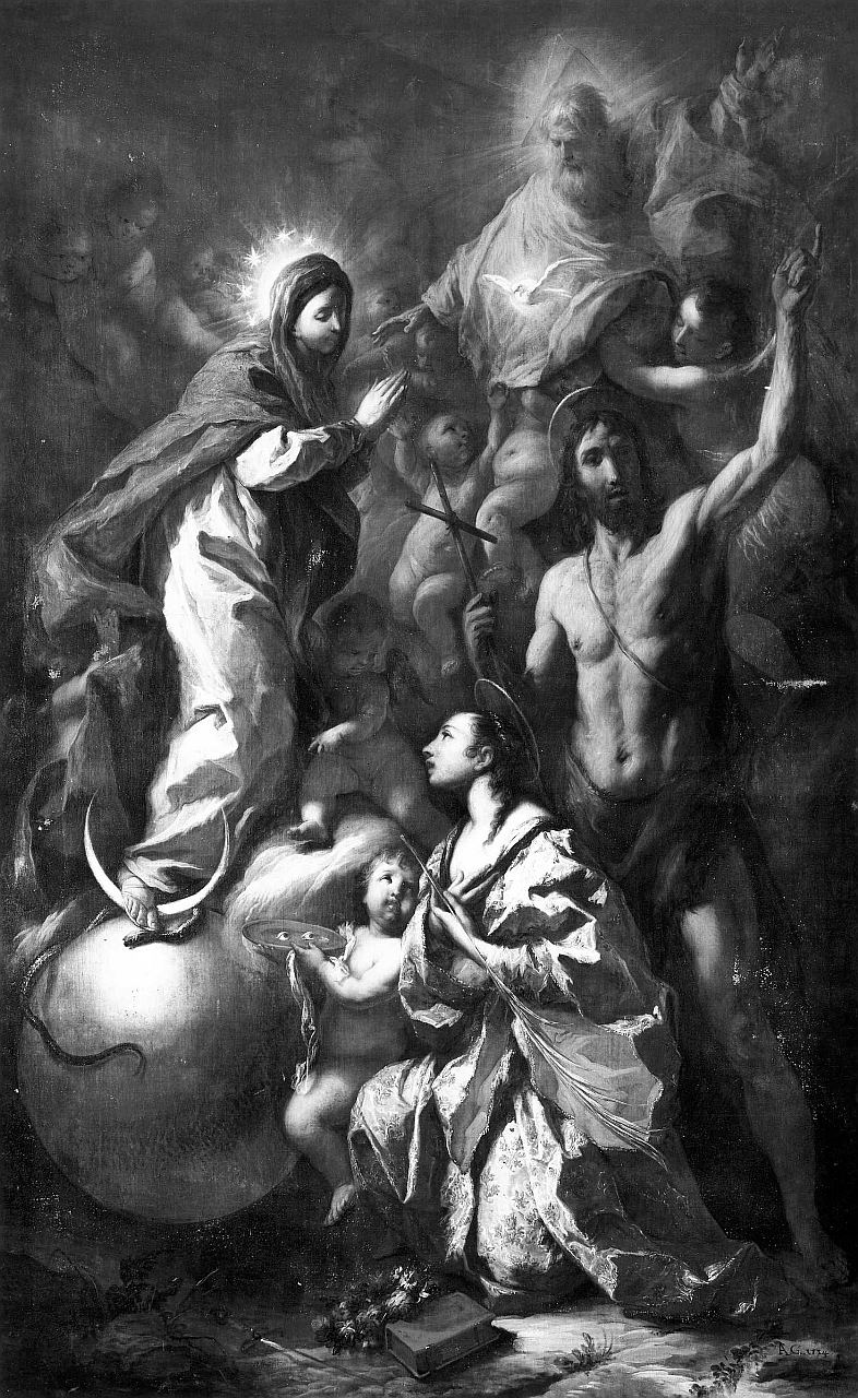 Immacolata Concezione con Dio Padre, San Giovanni Battista e Santa Lucia (dipinto) di Gherardini Alessandro (sec. XVIII)