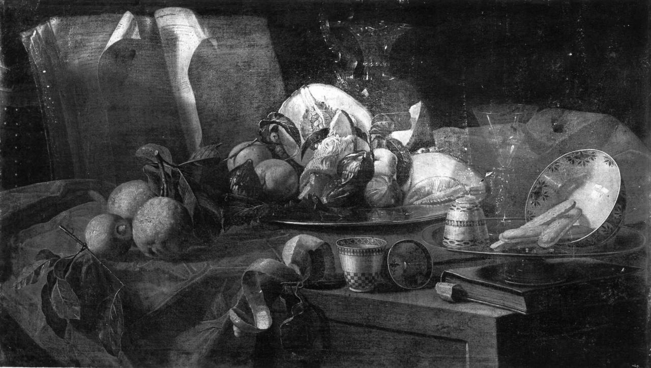 natura morta con frutta e cristalli (dipinto) di Munari Cristoforo (sec. XVIII)
