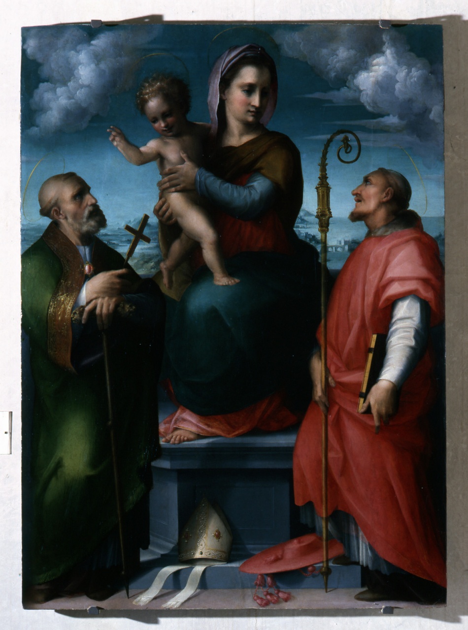 Madonna con Bambino tra San Giovanni Gualberto e San Bernardo degli Uberti (dipinto) di Manzuoli Tommaso detto Maso da San Friano (?) (terzo quarto sec. XVI)