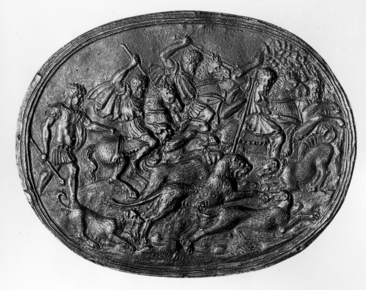 caccia alla pantera (placchetta) di Bernardi Giovanni Desiderio (maniera) (seconda metà sec. XVI)