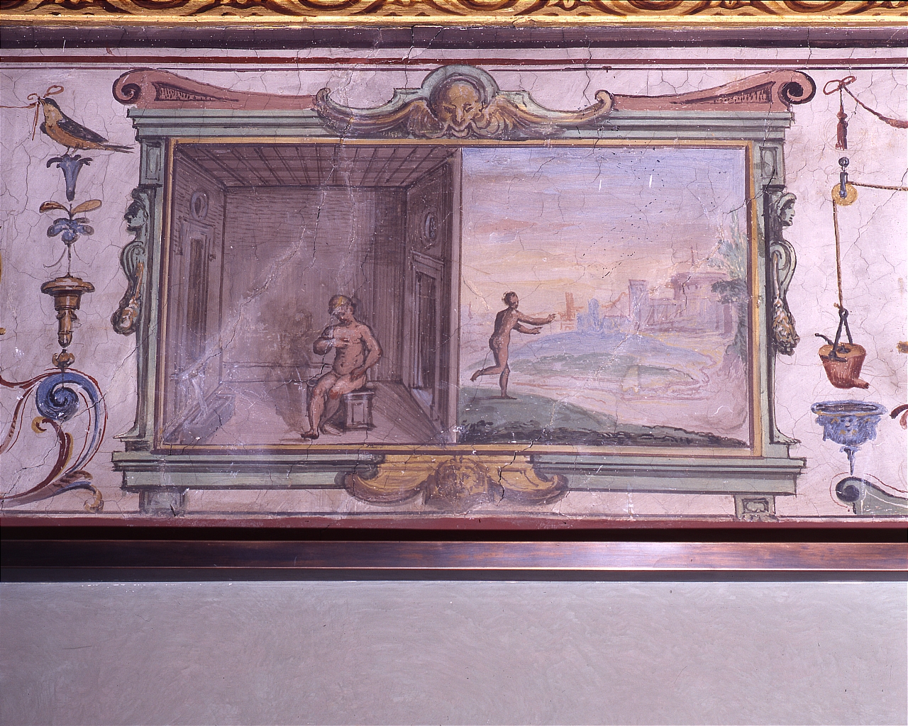 scena con figure e strumento scientifico (dipinto) di Parigi Giulio (sec. XVI)