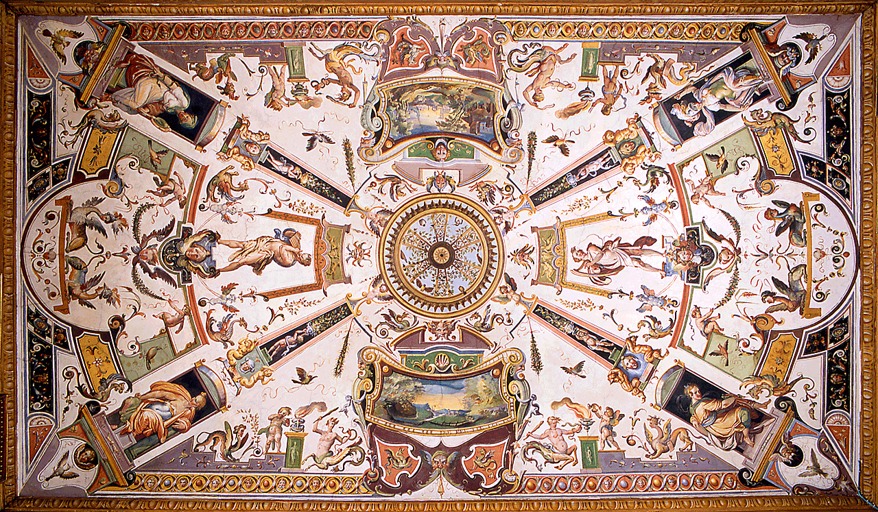 motivo decorativo a grottesche con figure allegoriche e personaggi mitologici (dipinto) di Tempesta Antonio (attribuito) (sec. XVI)