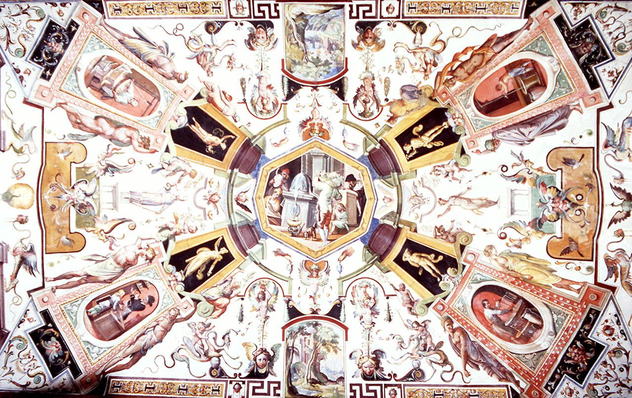 motivi decorativi a grottesche con scene di genere (soffitto dipinto) di Tempesta Antonio (attribuito) (sec. XVI)