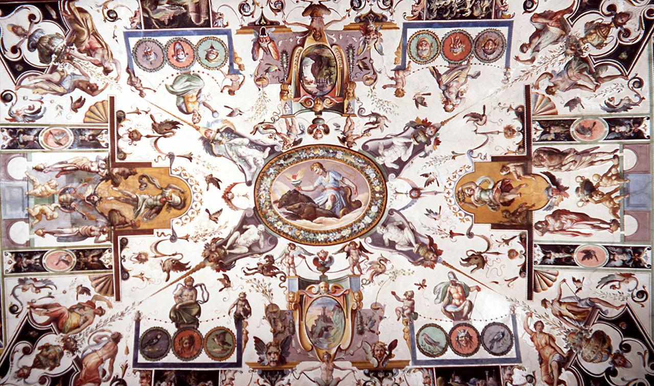 motivi decorativi a grottesche con personaggi mitologici e paesaggio (soffitto dipinto) di Tempesta Antonio (attribuito) (sec. XVI)