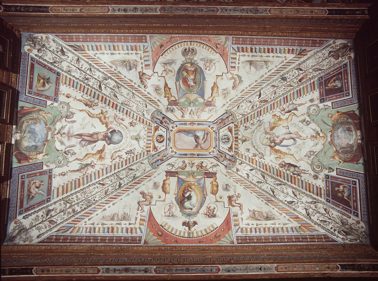 motivi decorativi a grottesche con paesaggi e figura allegorica (soffitto dipinto) di Allori Alessandro (bottega) (sec. XVI)