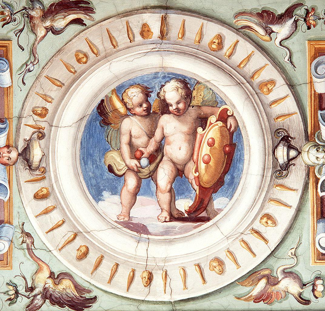 putti che giocano con lo stemma della famiglia Medici (dipinto) di Allori Alessandro (bottega) (sec. XVI)