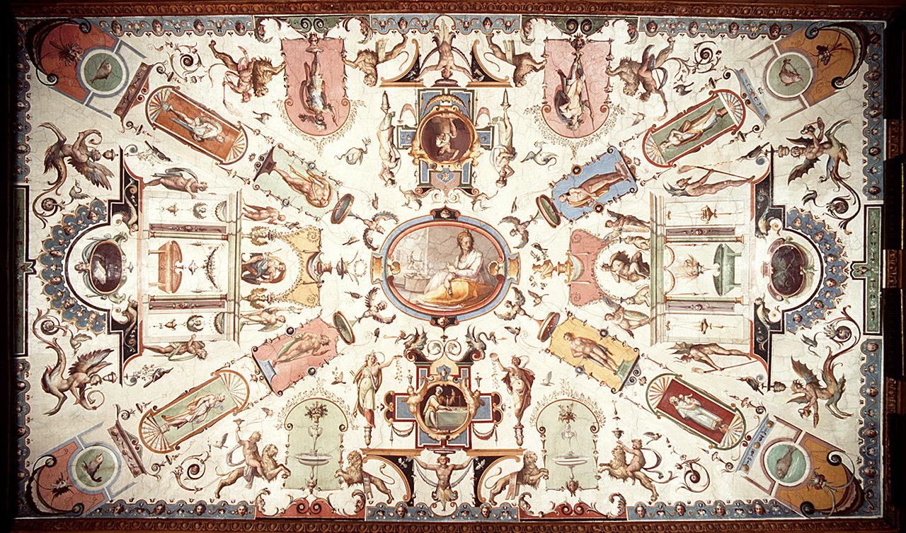 motivi decorativi a grottesche con figure allegoriche e scene di genere (soffitto dipinto) di Allori Alessandro (bottega) (sec. XVI)