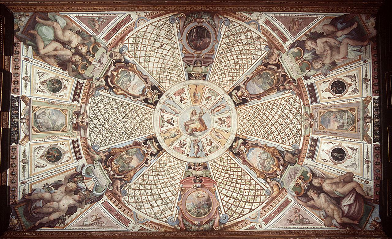 motivi decorativi a grottesche con paesaggi e figura allegorica (soffitto dipinto) di Allori Alessandro (bottega) (sec. XVI)