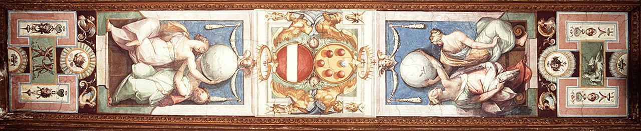 stemma gentilizio di Francesco I de' Medici e Giovanna d'Austria e motivi decorativi a grottesche (dipinto) di Allori Alessandro (bottega) (sec. XV)
