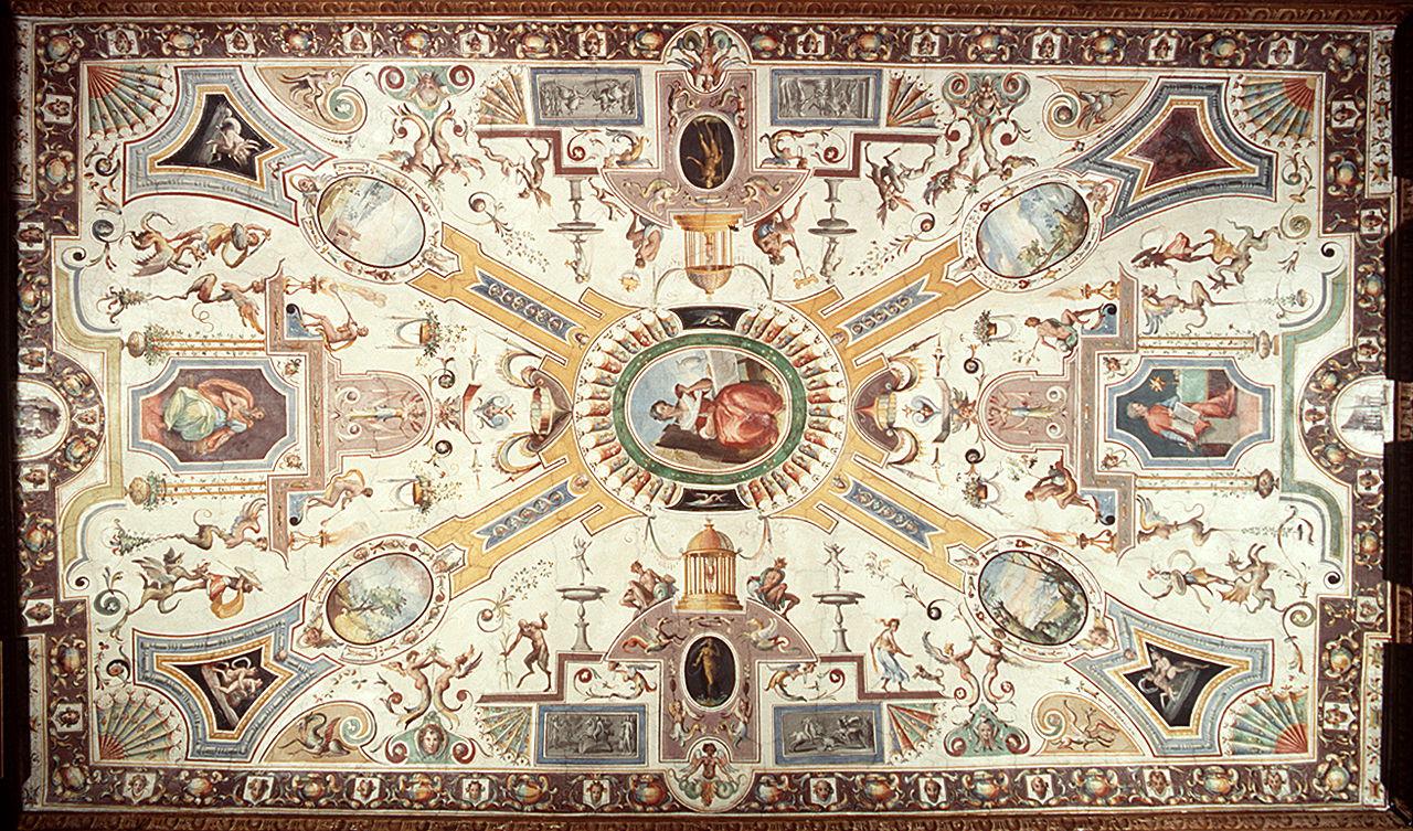 motivi decorativi a grottesche con paesaggi e figure (soffitto dipinto) di Allori Alessandro (bottega) (sec. XVI)