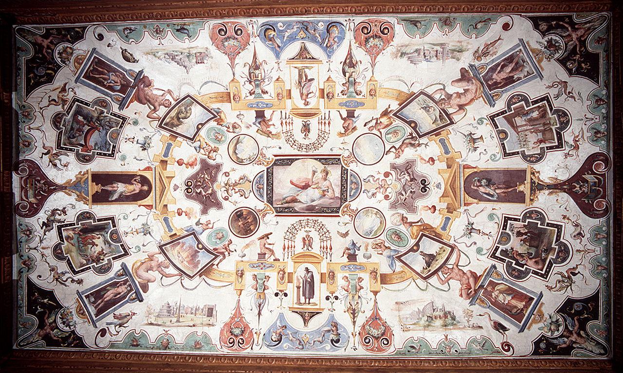 motivi decorativi a grottesche e scene allegoriche (soffitto dipinto) di Allori Alessandro (bottega) (sec. XVI)