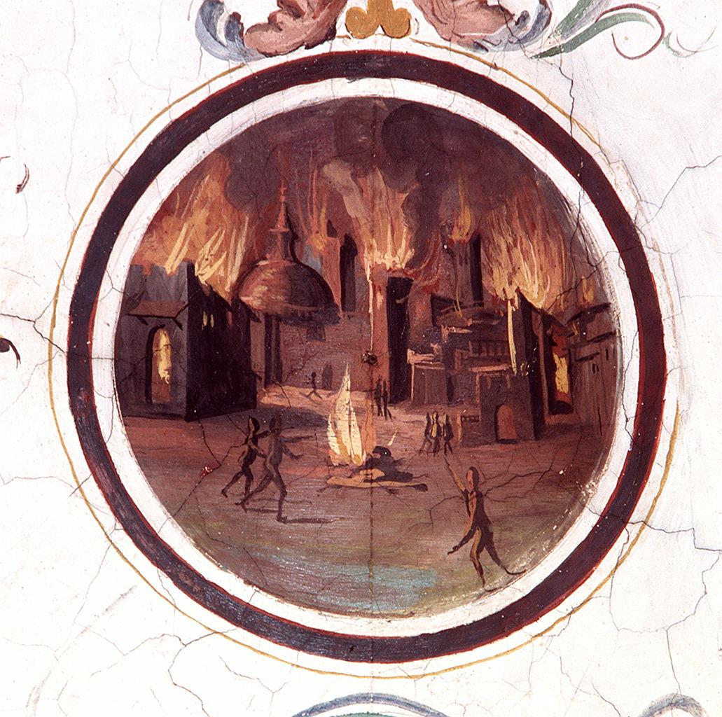 veduta di città in fiamme (dipinto) di Allori Alessandro (bottega) (sec. XVI)