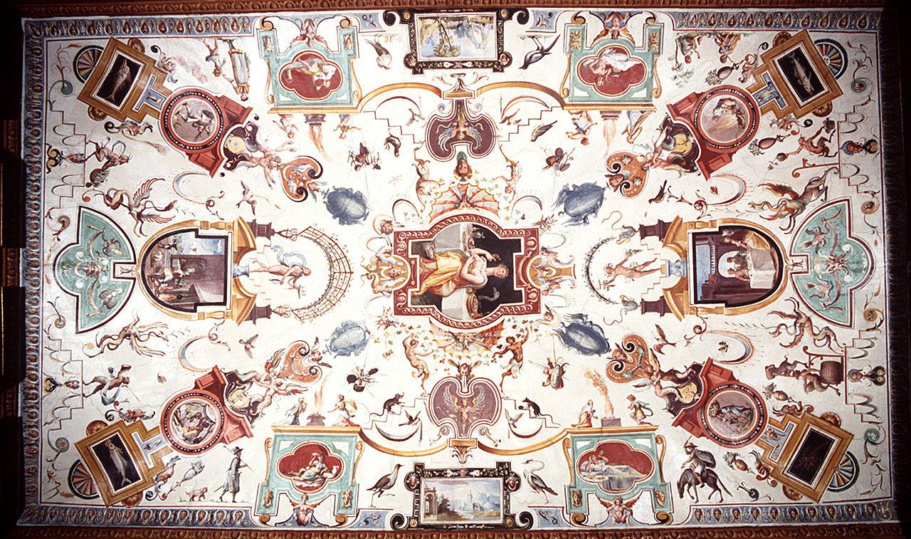 motivi decorativi a grottesche con scene di genere (soffitto dipinto) di Allori Alessandro (bottega) (sec. XVI)