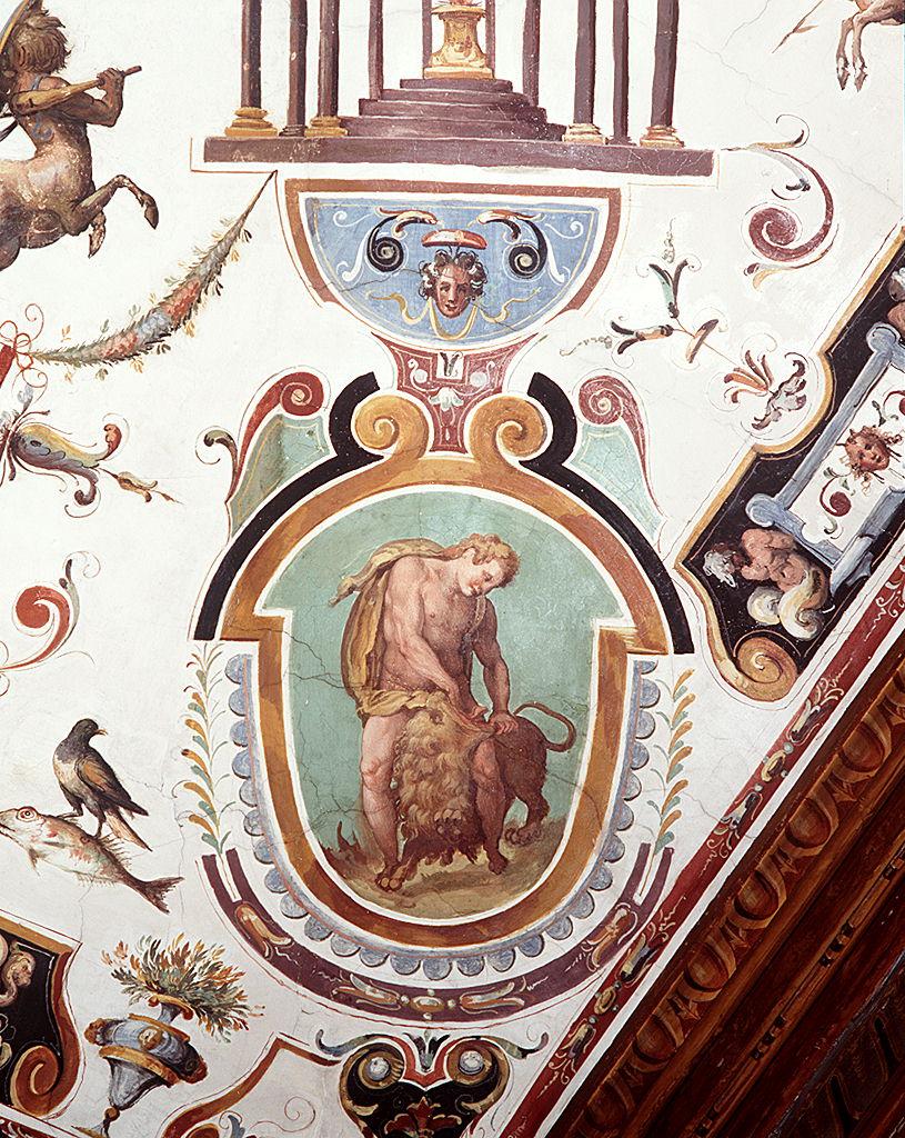 Ercole e il leone di Nemea (dipinto) di Allori Alessandro (bottega) (sec. XVI)