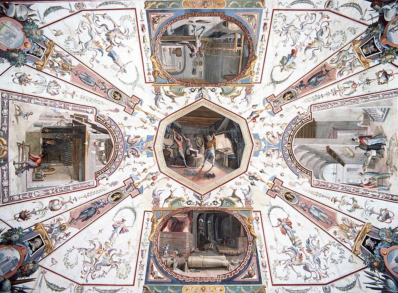 motivi decorativi a grottesche con interni di botteghe e paesaggi (soffitto dipinto) di Buti Lodovico (sec. XVI)