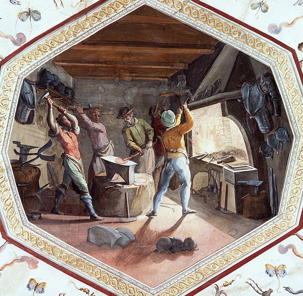 interno di bottega di fabbro (dipinto) di Buti Lodovico (sec. XVI)