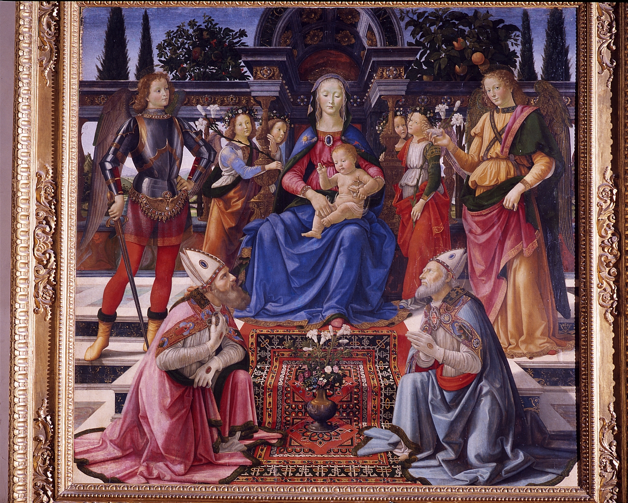 Madonna con Bambino, Santo vescovo, San Zanobi, San Michele arcangelo, San Raffaele arcangelo (dipinto) di Bigordi Domenico detto Domenico Ghirlandaio (sec. XV) 