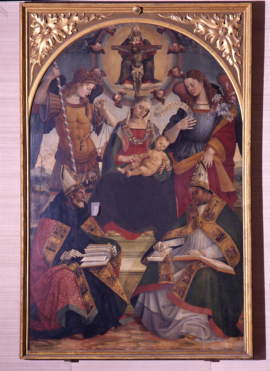 Madonna con Bambino con la Trinità, Sant'Agostino e Sant'Atanasio d'Alessandria (dipinto) di Signorelli Luca (sec. XVI) 