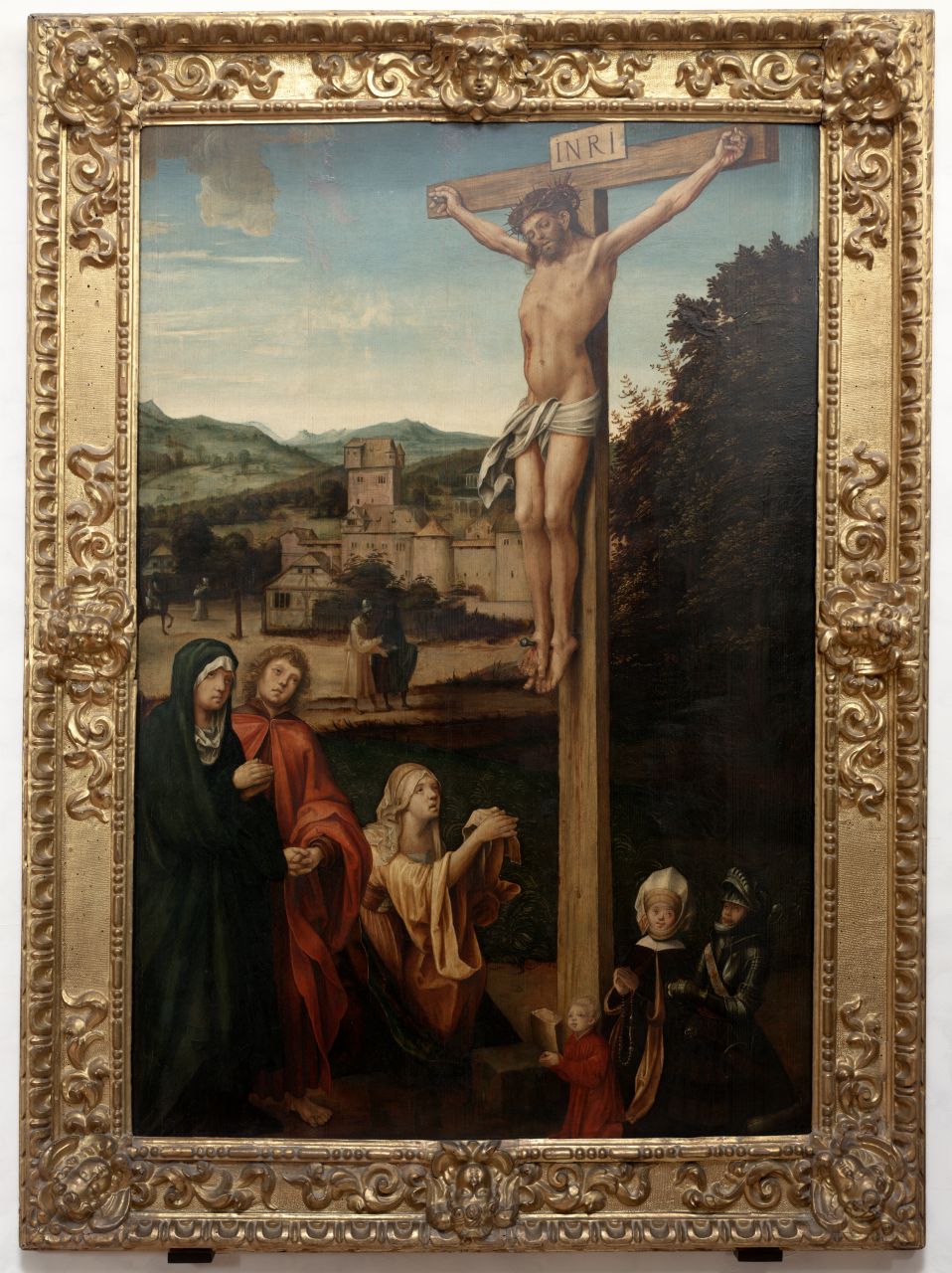 Cristo crocifisso con la Madonna, San Giovanni Evangelista, Santa Maria Maddalena e donatore (dipinto) di Von Kulmbach Hans Suess (sec. XVI) 