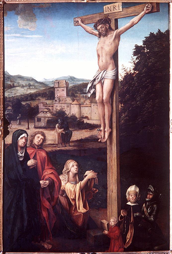 Cristo crocifisso con la Madonna, San Giovanni Evangelista, Santa Maria Maddalena e donatore (dipinto) di Von Kulmbach Hans Suess (sec. XVI) 