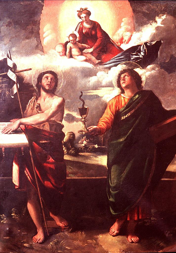 apparizione della Madonna a San Giovanni Battista e San Giovanni Evangelista (dipinto) di Luteri Giovanni detto Dosso Dossi (sec. XVI)