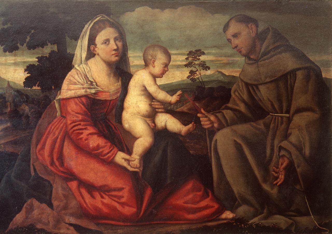 Madonna con Bambino con San Francesco d'Assisi (dipinto) di Licinio Bernardino (sec. XVI)