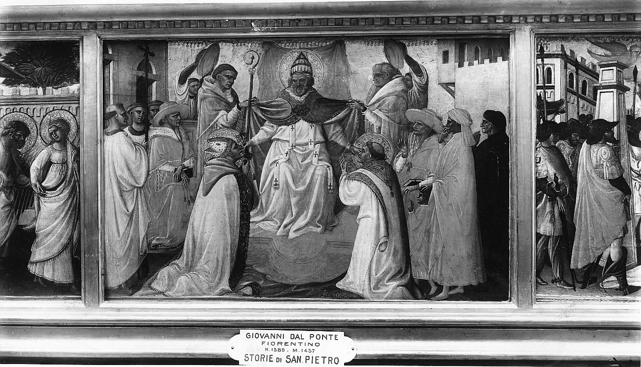 San Pietro in cattedra fra Santi, ecclesiastici e fedeli (scomparto di predella) di Giovanni dal Ponte (sec. XV)