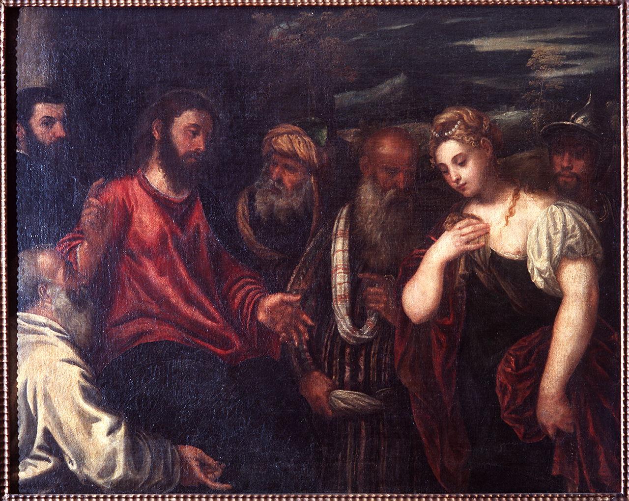 Cristo e l'adultera (dipinto) di Robusti Jacopo detto Tintoretto (cerchia) (seconda metà sec. XVI)