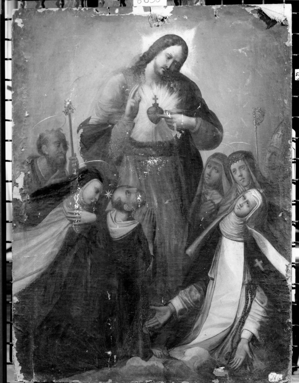 Santa Caterina da Siena ha la visione del cuore di Gesù alla presenza di Santo Domenico, Santo Giuseppe, Santa Rosa da Lima, un vescovo e Santi (dipinto) - ambito senese (secc. XVI/ XVII)