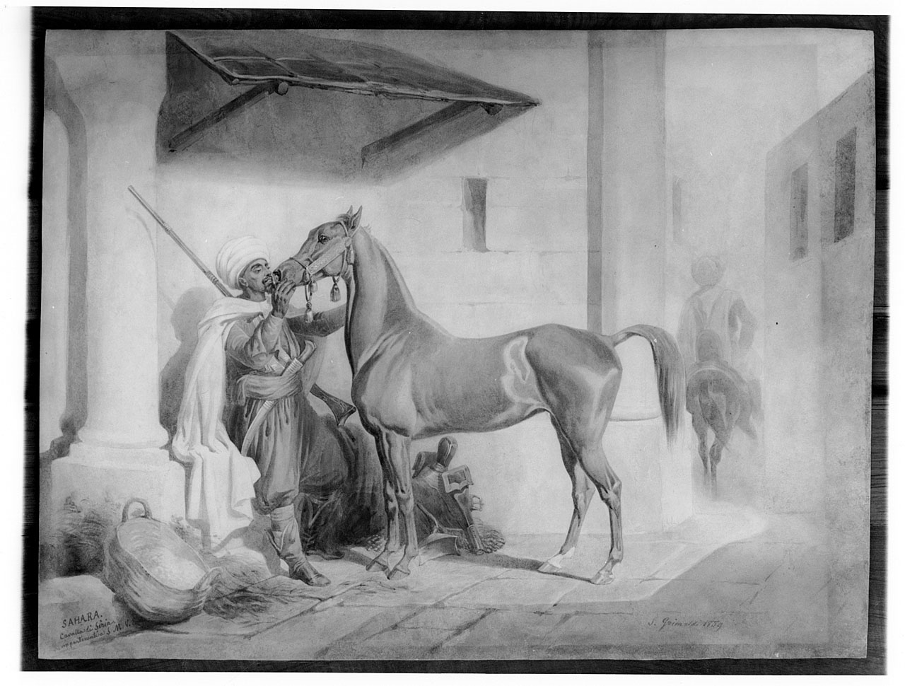 cavallo, figure e rovine (stampa colorata a mano) di Grimaldi Stanislao (sec. XIX)