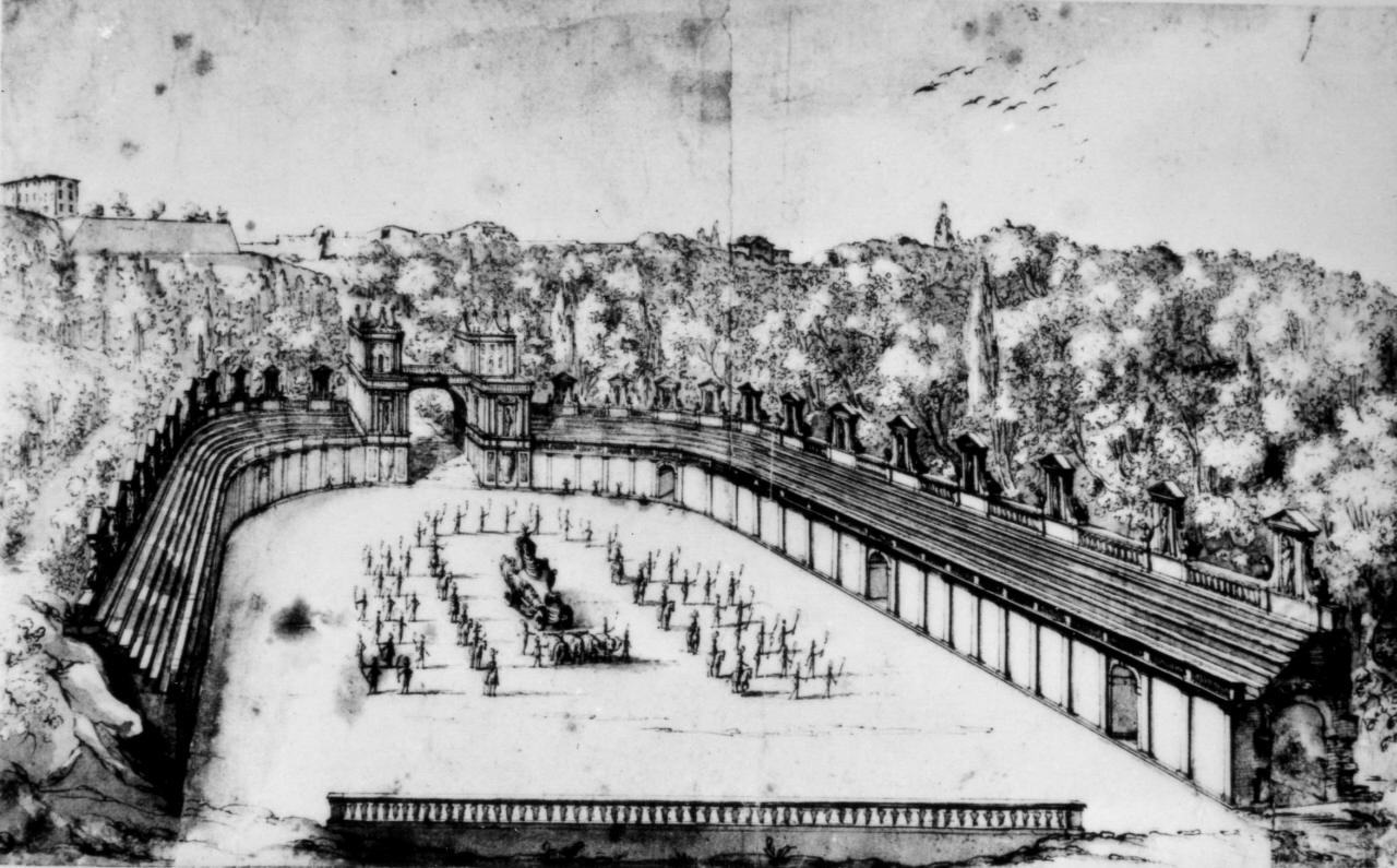 veduta dell 'anfiteatro di Boboli con duplice figurazione coreografica (disegno) di Del Bianco Baccio (attribuito) (sec. XVII)