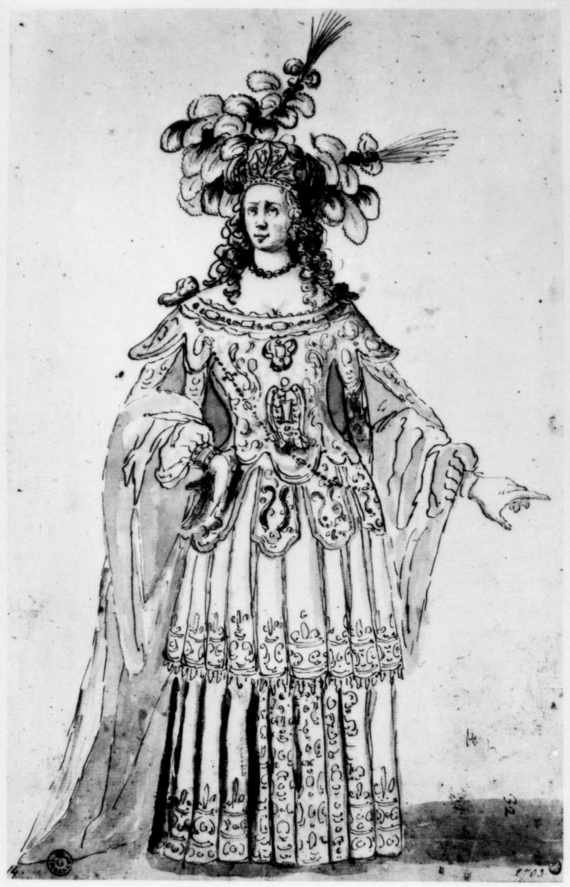 costume teatrale femminile (disegno) di Del Bianco Baccio (attribuito) (prima metà sec. XVII)