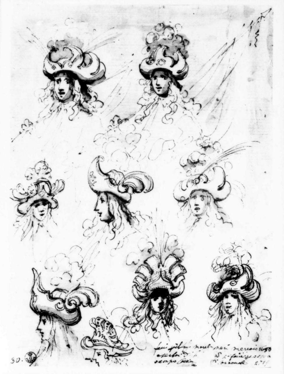 teste con copricapo (disegno) di Del Bianco Baccio (attribuito) (sec. XVII)