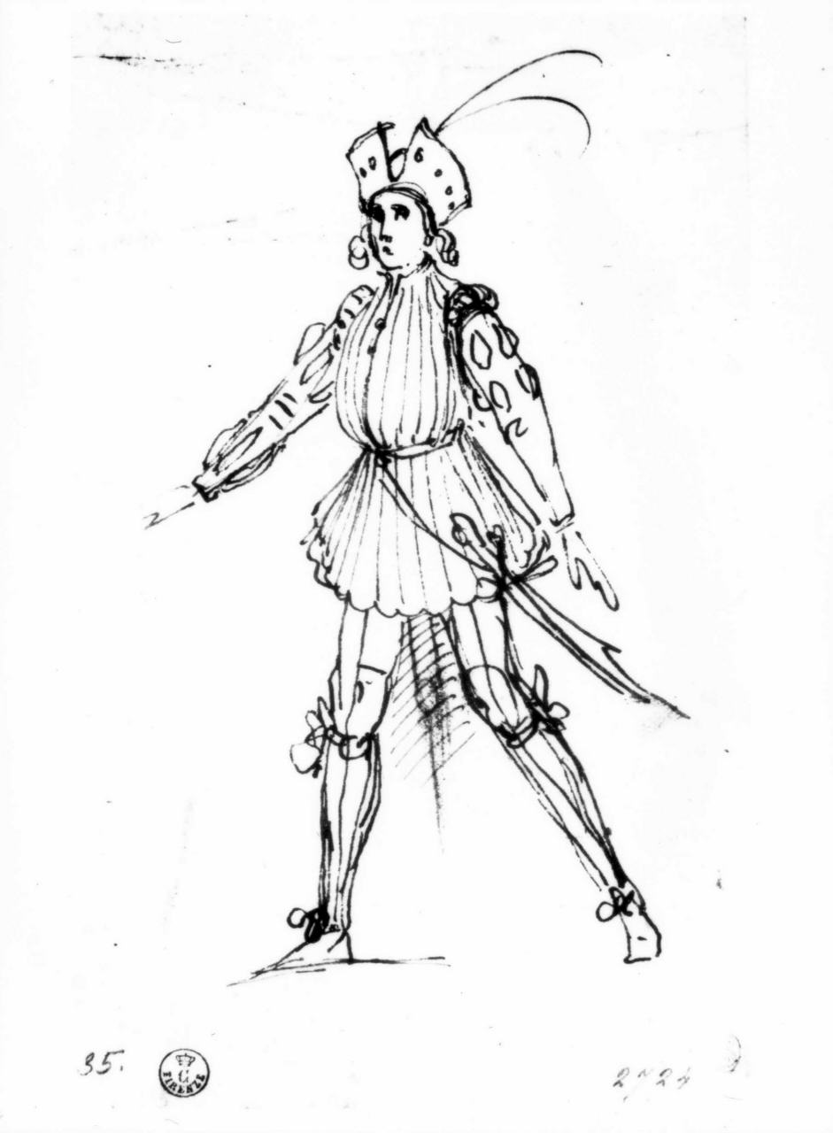 uomo in costume con spada (disegno) di Del Bianco Baccio (attribuito) (prima metà sec. XVII)