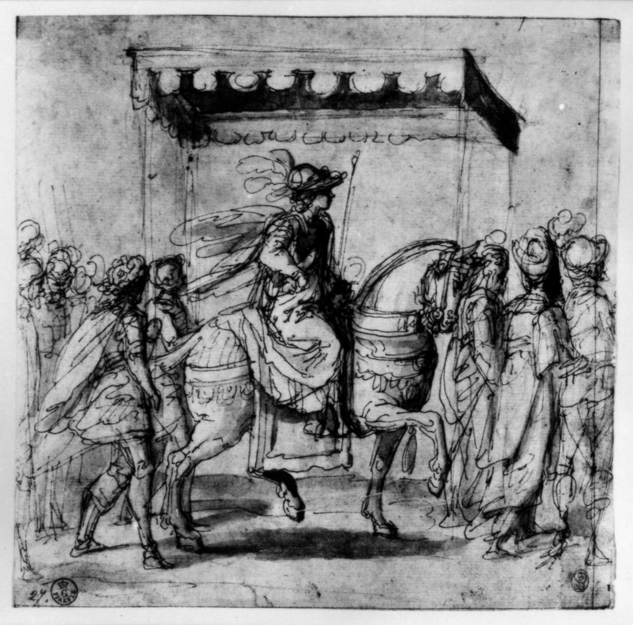 figura a cavallo sotto il baldacchino (disegno) di Della Bella Stefano (attribuito) (sec. XVII)