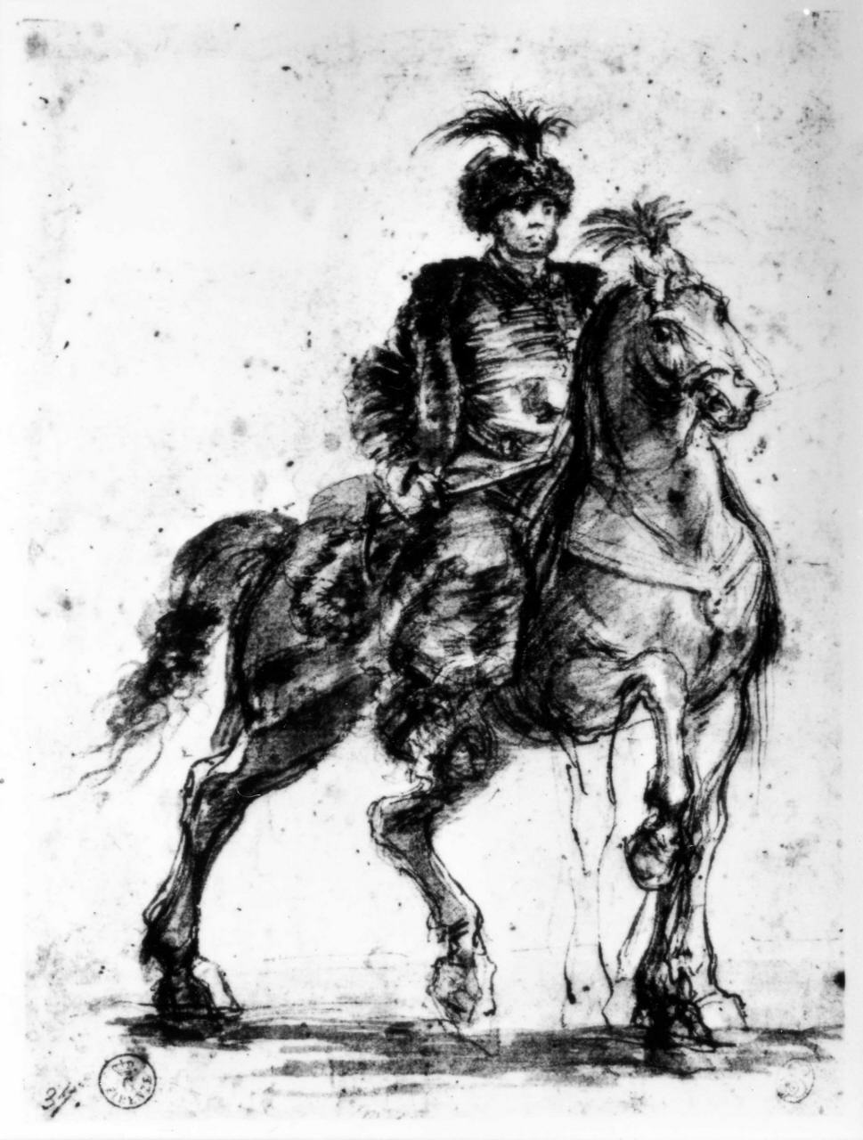 ufficiale polacco a cavallo e contorno della stessa figura (disegno) di Della Bella Stefano (attribuito) (sec. XVII)