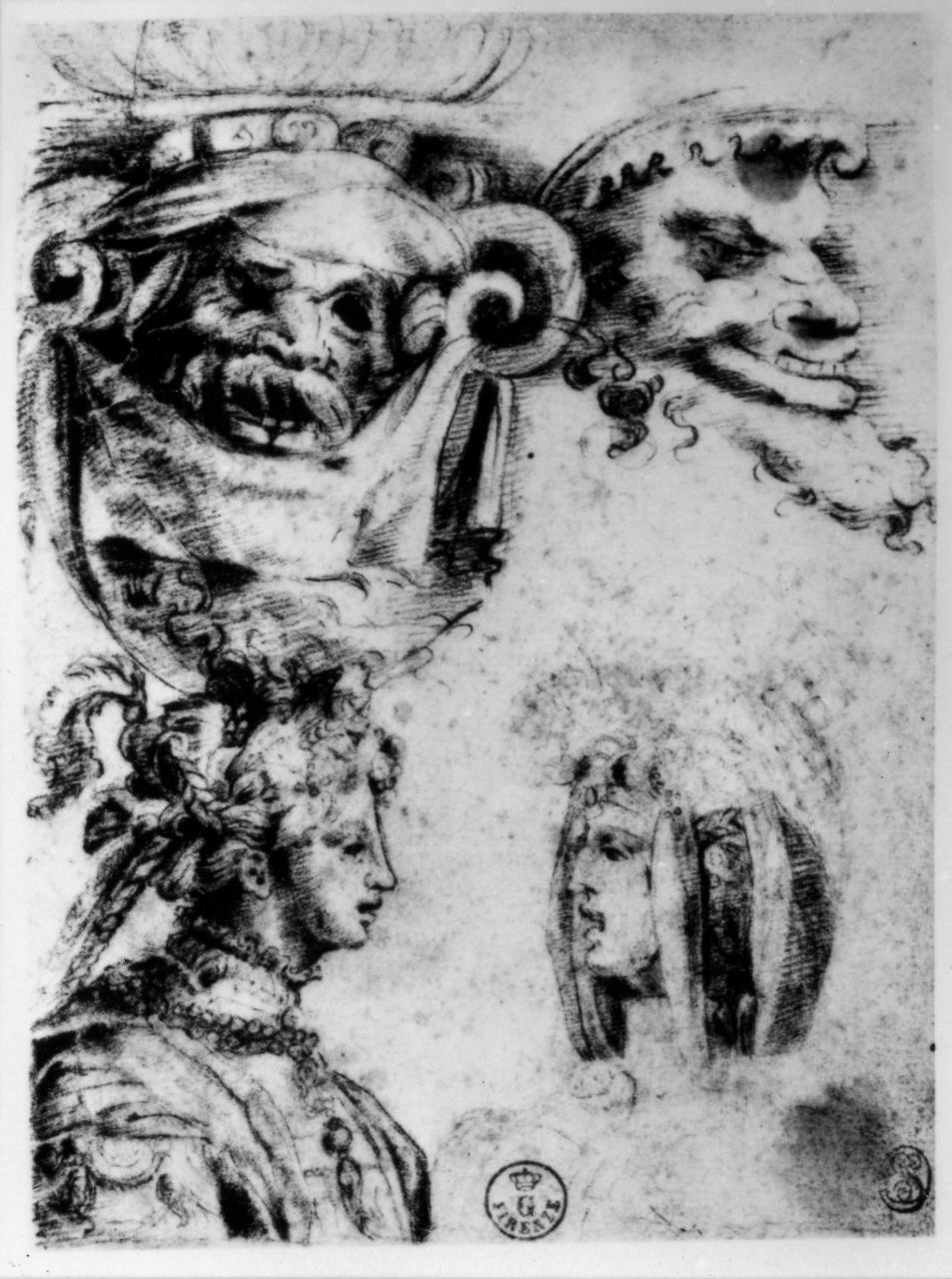 due teste muliebri di profilo, due teste a grottesca e stemma nobiliare (disegno) di Morandini Francesco detto Poppi (attribuito) (seconda metà sec. XVII)