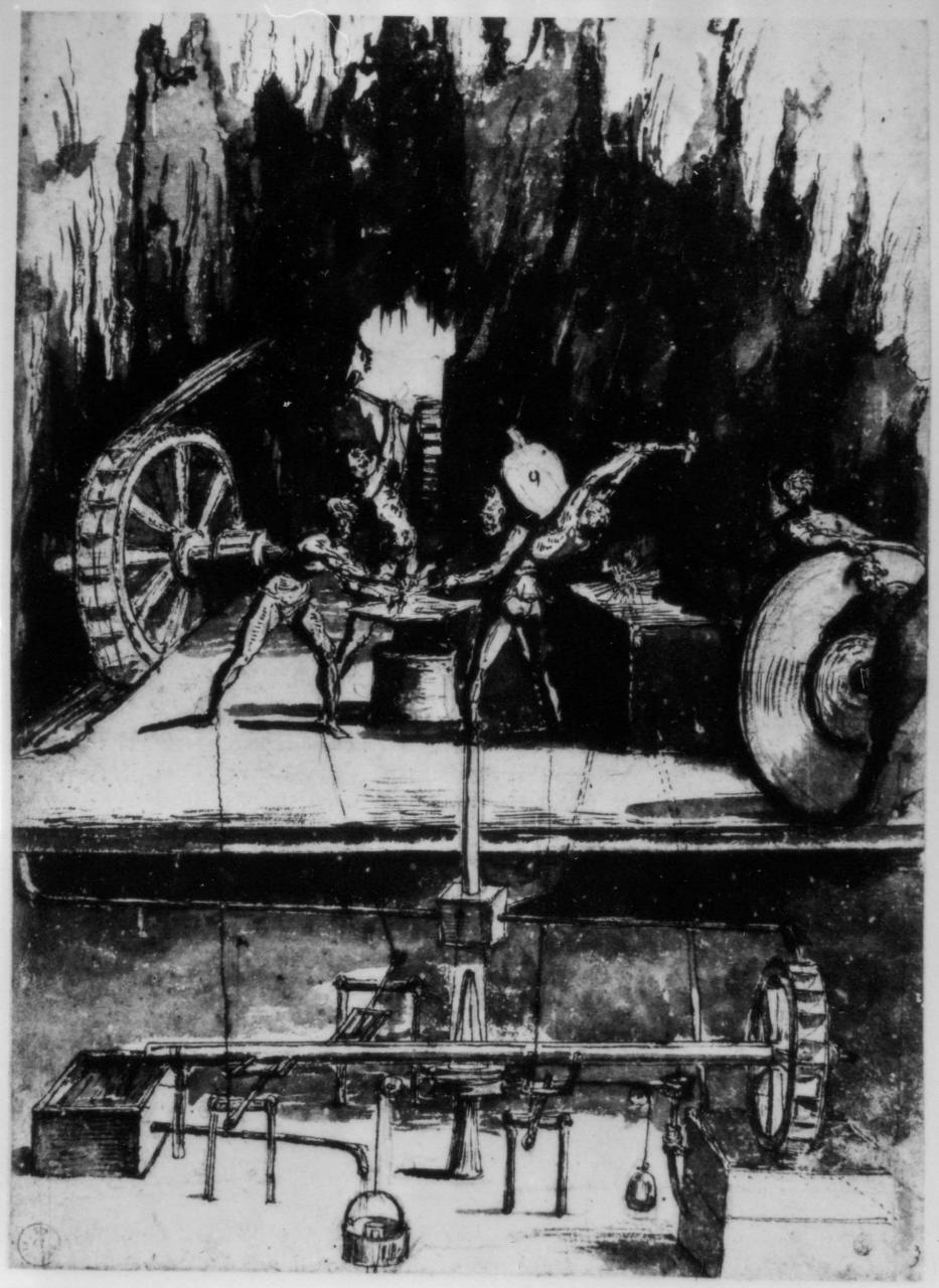 dispositivo scenico di animazione di una fucina (disegno) di Parigi Giulio (attribuito) (sec. XVII)