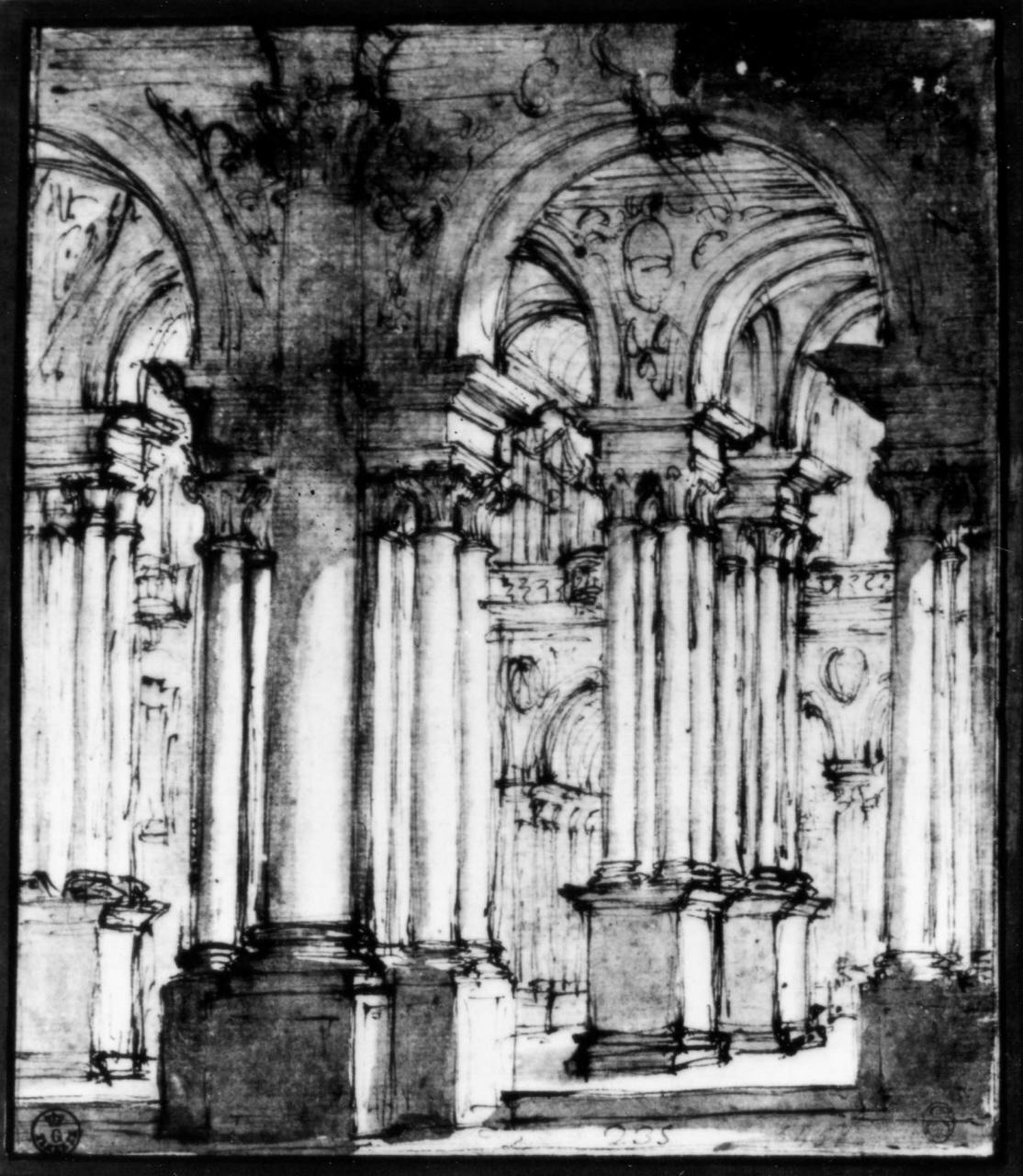 atrio scenografico (disegno) di Galli Giovanni Maria detto Bibiena (attribuito) (prima metà sec. XVIII)