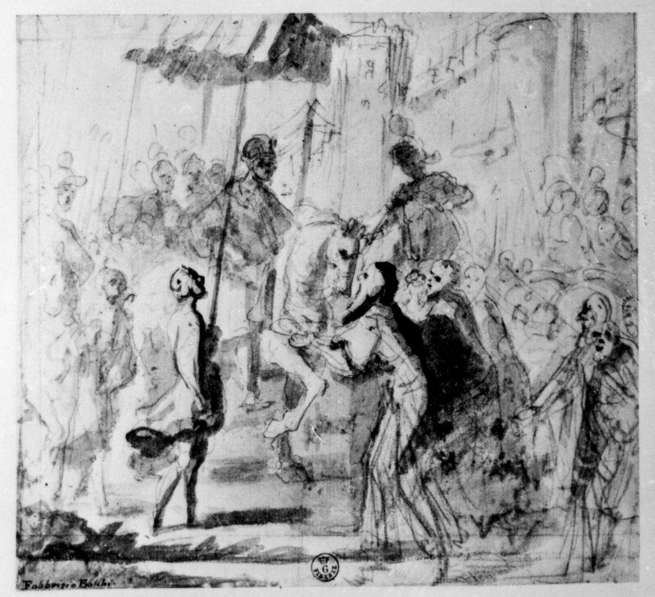 personaggio a cavallo sotto il baldacchino circondato da figure a piedi e a cavallo (disegno preparatorio) di Cardi Ludovico detto Cigoli (bottega) (sec. XVI)
