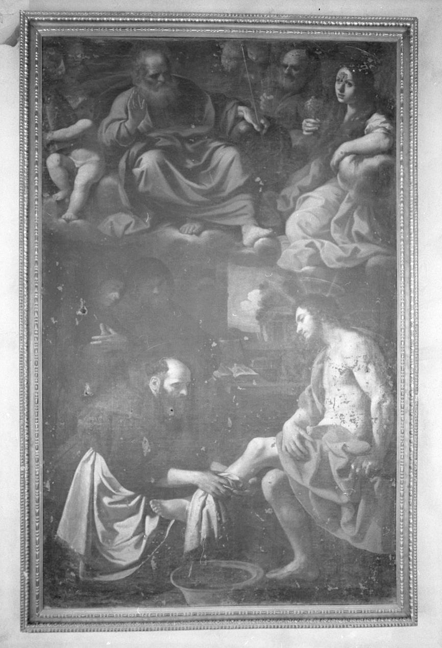 Sant'Agostino lava i piedi di Cristo, Dio Padre, San Pietro e Santa Maria Maddalena (dipinto) di Manetti Rutilio (attribuito) (sec. XVII)