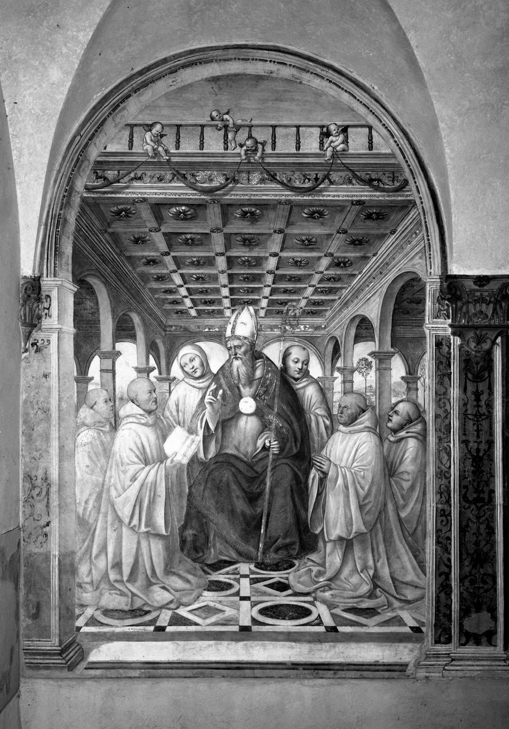 San Benedetto e sei monaci olivetani (dipinto, ciclo) di Bazzi Giovanni Antonio detto Sodoma (sec. XVI)