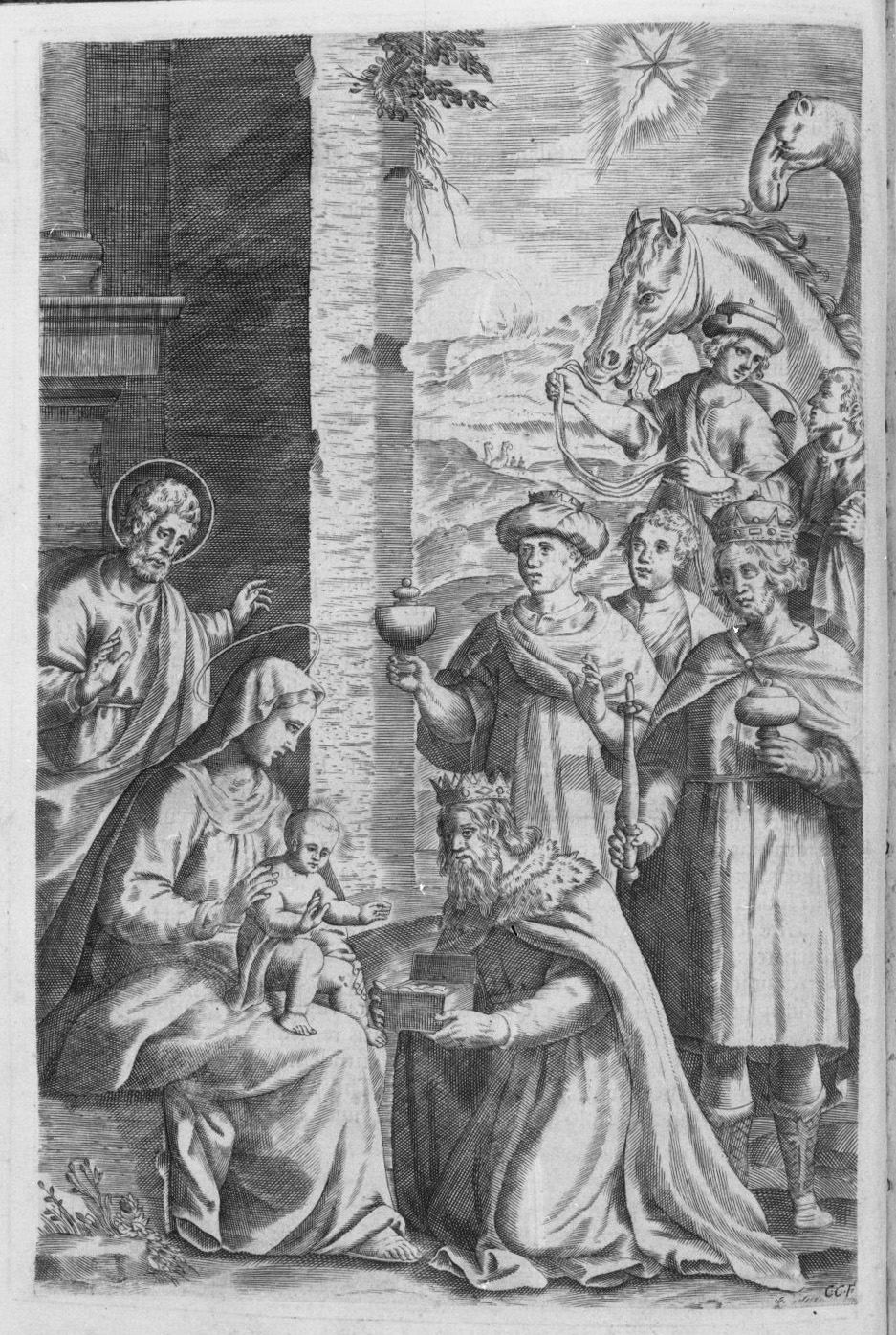 adorazione dei Re Magi (stampa) di Cungio Carmelo (attribuito) (prima metà sec. XVII)