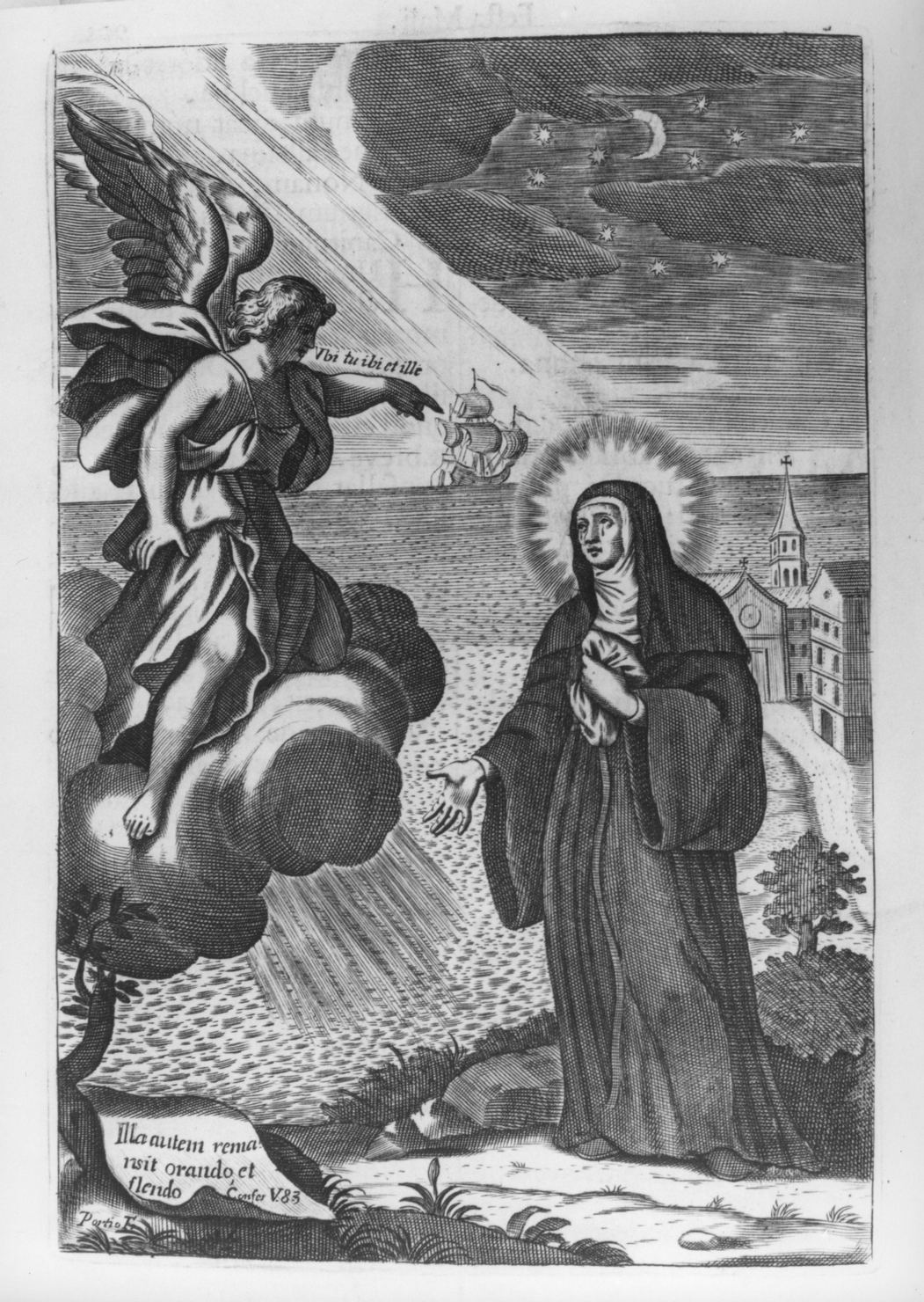 angelo che addita una santa monaca (stampa, elemento d'insieme) di Portio Aniello (secc. XVII/ XVIII)