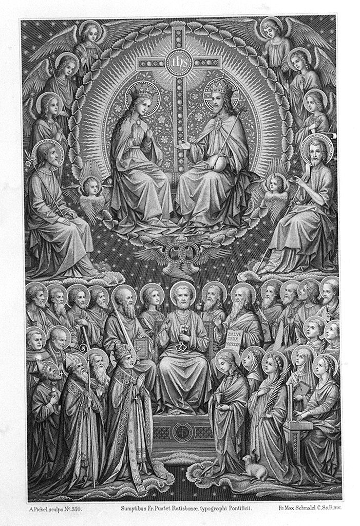 Cristo e la Madonna in gloria tra angeli e Santi (stampa, elemento d'insieme) di Pickel A, Schmalzl Max (sec. XX)
