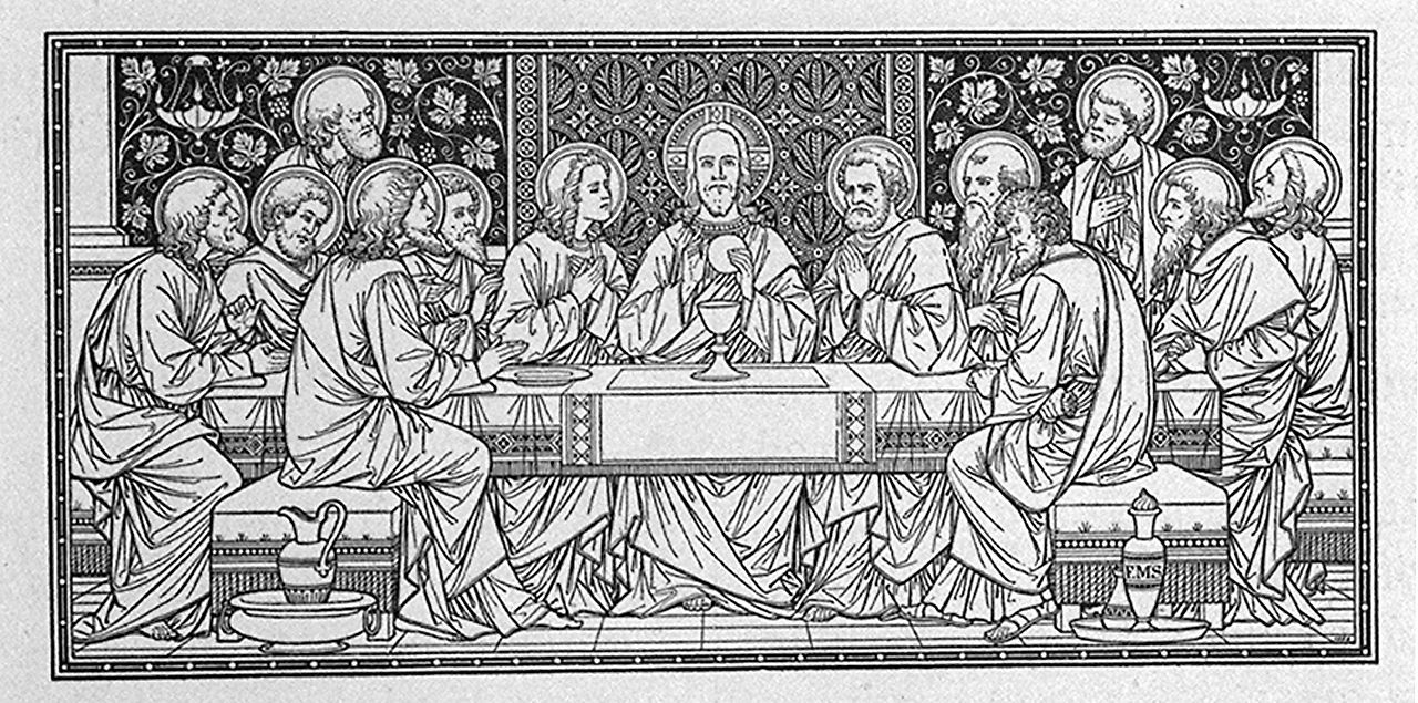 Cristo crocifisso e angeli con i simboli dell'eucaristia (stampa, elemento d'insieme) di Schmalzl Max (sec. XX)
