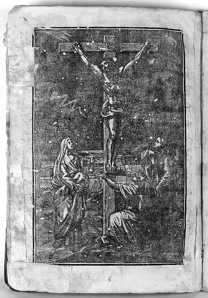 Cristo crocifisso con la Madonna, Santa Maria Maddalena e San Giovanni Eva ngelista (stampa, elemento d'insieme) - ambito toscano (sec. XVIII)